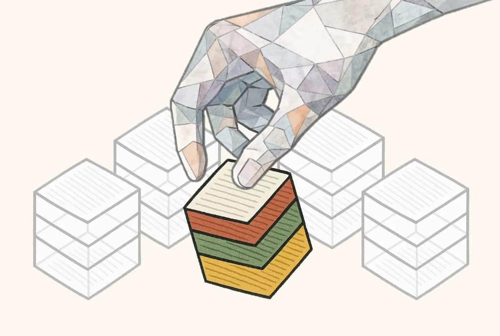 A hand selecting a colored strategy block from a stack of wireframe cubes.